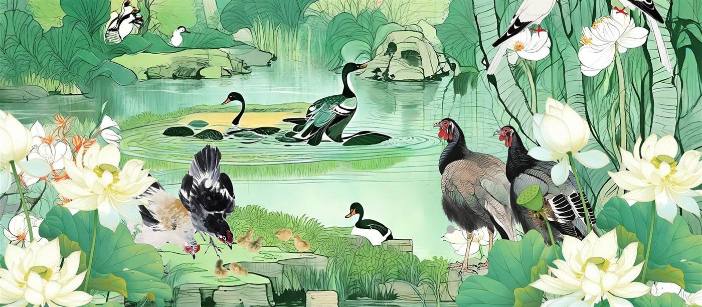 吞享鲜选品牌国画插画:荷花水禽与青山亭台